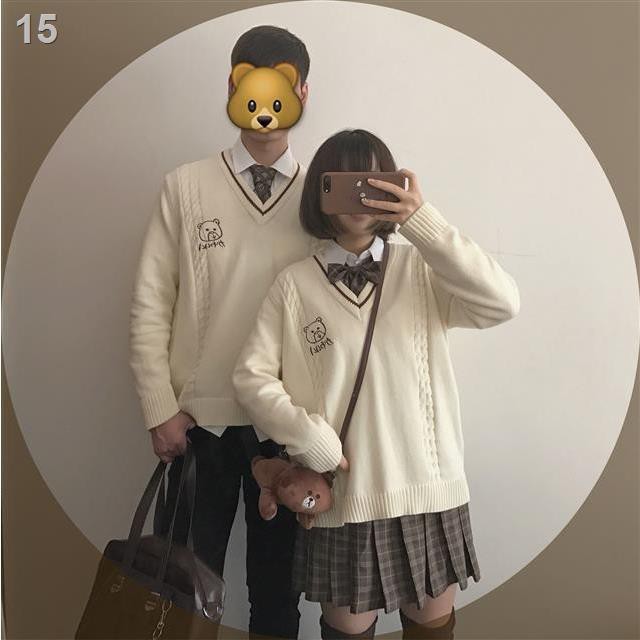 ◐♘Bộ đồ nữ mềm Nhật Bản thêu gấu đồng phục jk cặp đôi áo len nam kiểu đại học chui đầu dài tay