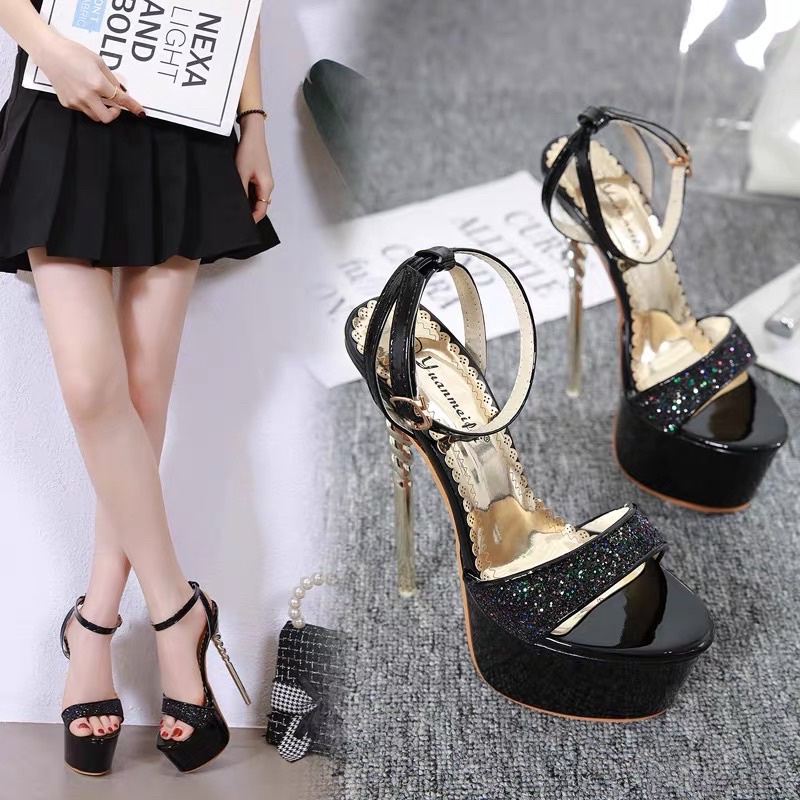 Giày Cao Gót 17Cm Gót Nhọn Kim Tuyến Lấp Lá