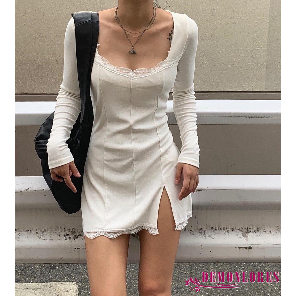Đầm ôm dài tay cổ vuông phối ren thời trang cho nữ