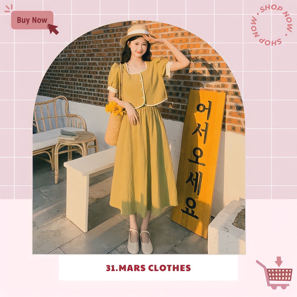 Set bộ áo croptop tay phồng viền trắng + chân váy midi dáng dài hoạ tiết sọc caro màu vàng phong cách tiểu thư Hàn Quốc