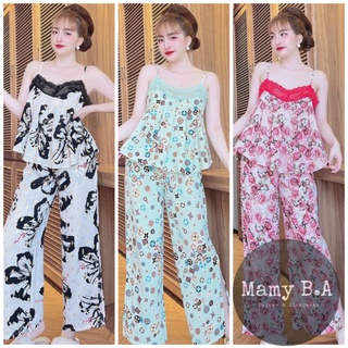 Bộ ngủ 2 dây lụa MANGO quần dài - Đồ ngủ nữ lụa loại 1 cao cấp không nhăn