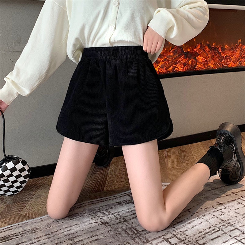 Quần Short Nhung Kẻ Lưng Cao Dáng Rộng Phong Cách Hàn Quốc Mới Cho Nữ