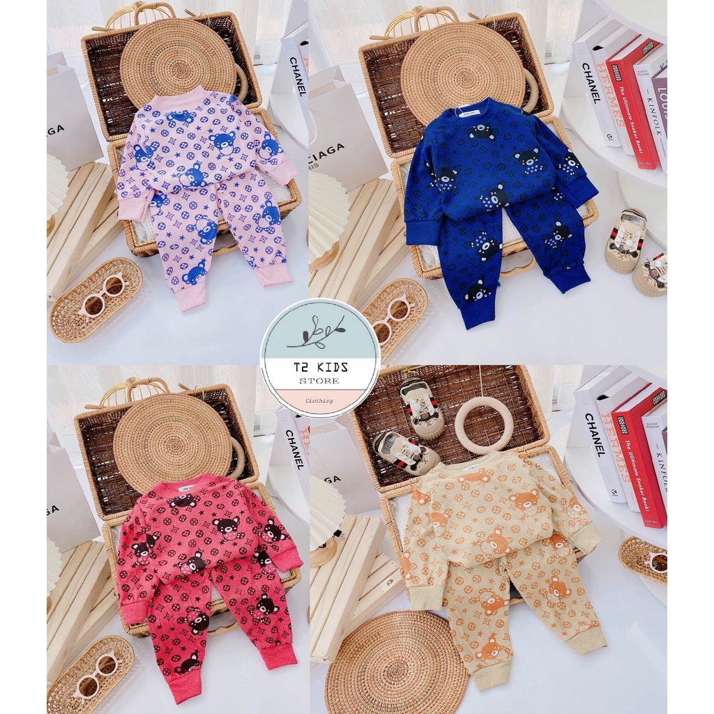 Bộ quần áo thu đông cho bé trai, bé gái (8-19kg) chất len tăm xốp in hình gấu - quần áo trẻ em