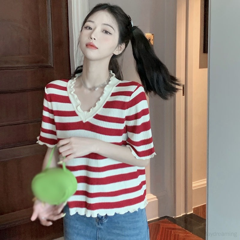 Áo Thun Nữ Ngắn Tay Cổ Chữ V Kẻ Sọc Ngang Thời Trang
