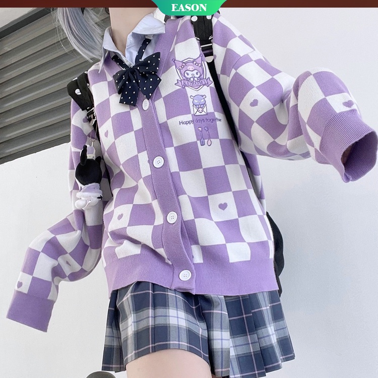 Áo Len Đan Tay Dài Cổ Chữ V In Hình Kuromi Và pom pom Thời Trang Mùa Thu Retro Cho Nữ