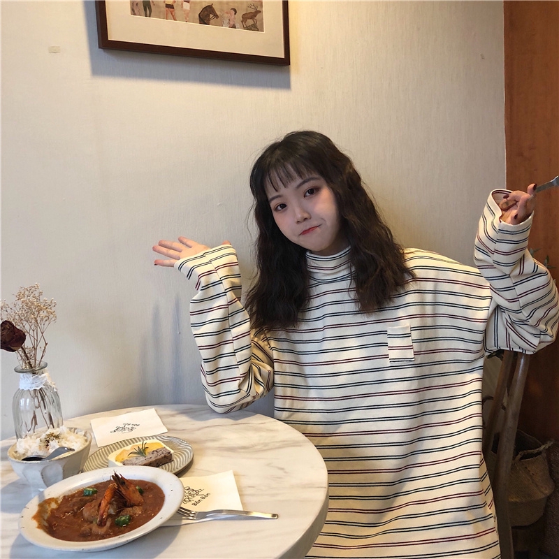 Áo sơ mi cổ lọ kẻ sọc phong cách Hàn Quốc thanh lịch dành cho nữ | BigBuy360 - bigbuy360.vn