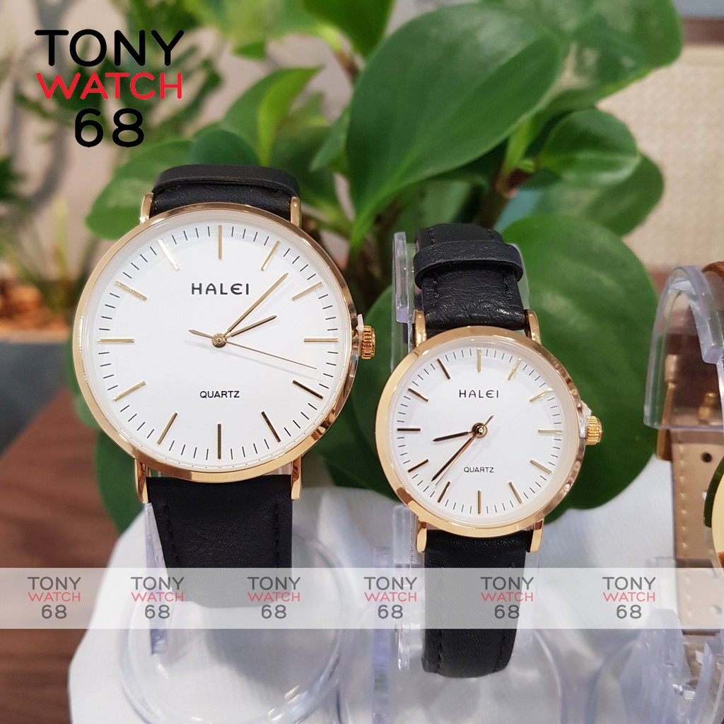 Đồng hồ cặp đôi nam nữ Halei dây da chống nước chính hãng viền mạ vàng Tony Watch 68 | BigBuy360 - bigbuy360.vn