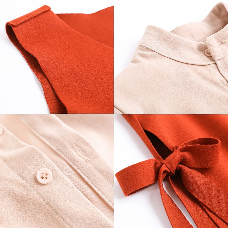 Sét áo sơ mi kết hợp đầm len 2 không tay cổ v , buộc nơ xinh 2 bên hông ( SẴN MÀU NÂU SIZE M,L,XL)
