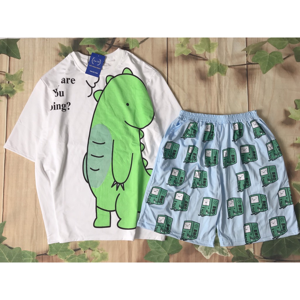 Set Đồ Bộ Khủng Long Xanh Đáng Yêu cartoon 3D Cute -Lapi VN Quần Đùi Vải Thun Cotton, Freesize,Tay Lỡ