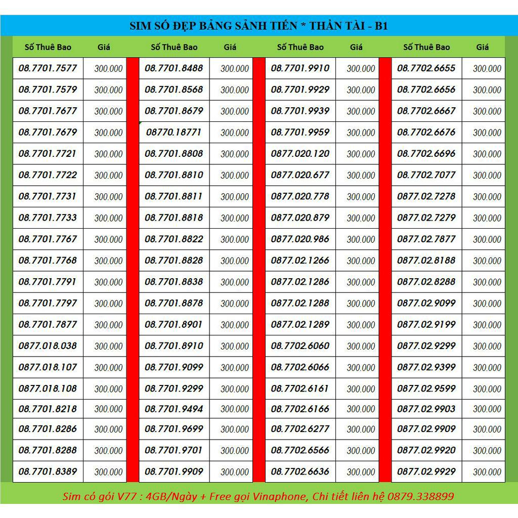 Sim số đẹp, sim vinaphone, sim data 120GB/ tháng, sim 4G,  đồng giá 300k A6