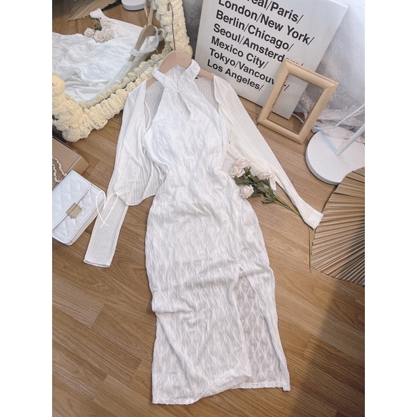 SET ĐẦM MIDI CỔ YẾM TÀU XỐP + ÁO KHOÁC SỌC