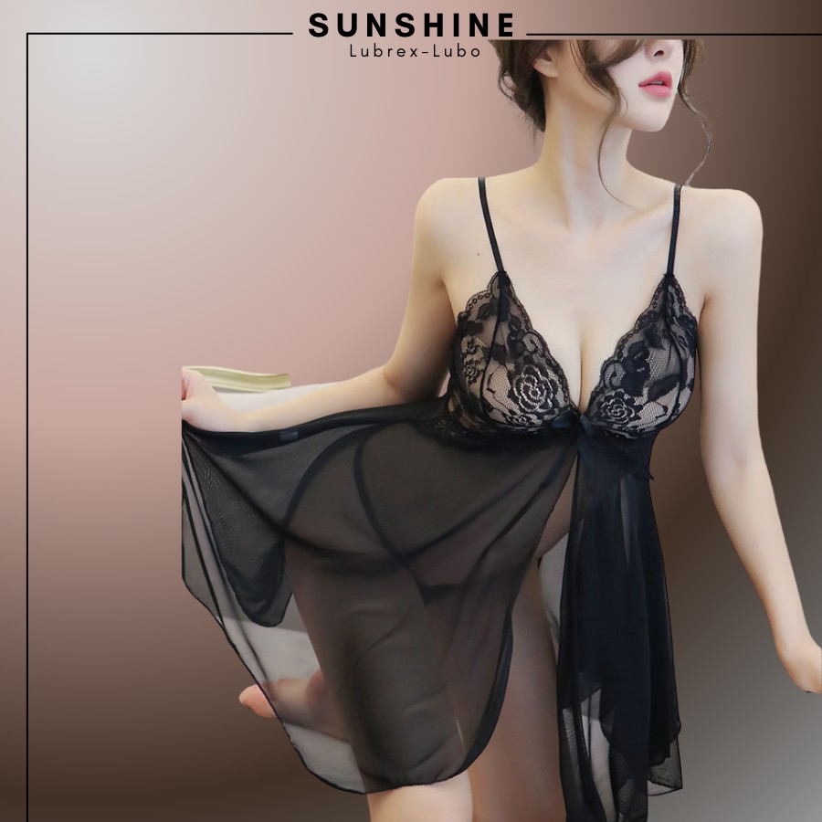 Váy ngủ sexy gợi cảm 2 dây xuyên thấu màu Đen SUNSHINE LUBREX-LUBO hở trước SX1120