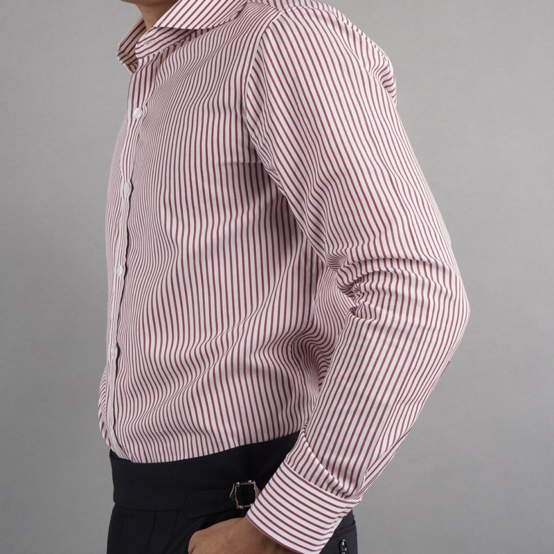 Cutaway | Sơ mi nam cổ cutaway kẻ sọc đỏ dài tay Asemando không nhăn Sơ mi cổ điển chuẩn Sartorial