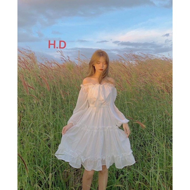 V023 Váy trắng trễ vai 2 lớp tay bồng nơ ngực dáng xòe bánh bèo công chúa Đầm tiểu thư lolita 2 tầng dự tiệc dễ thương