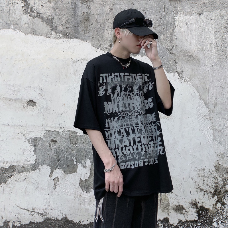 Áo thun tay ngắn cổ tròn dáng rộng in chữ phong cách hip hop Mỹ thời trang mùa hè cho nam size S-5Xl