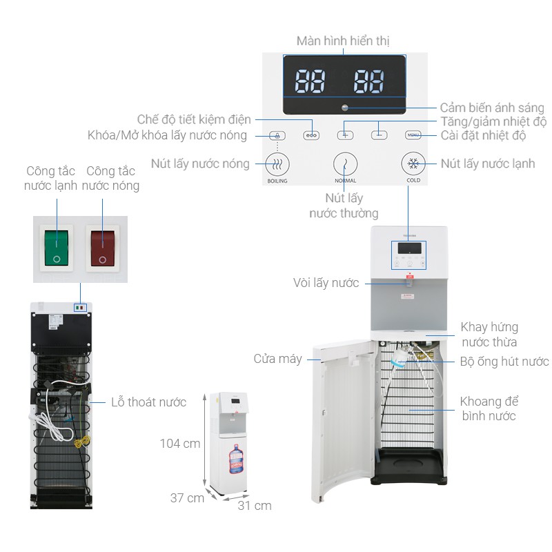 Cây nước nóng lạnh Toshiba RWF-W1830BV(W) - Công suất làm nóng 550W, làm lạnh 100W - Bảo hành 12 tháng