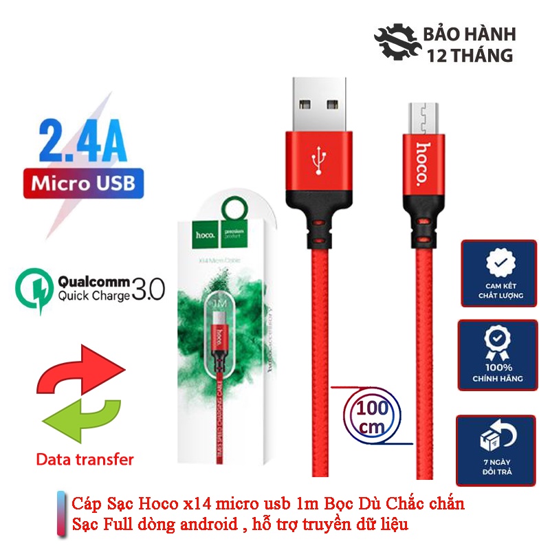 CÁP HOCO X14 1m CỔNG MICRO 2 màu đỏ đen