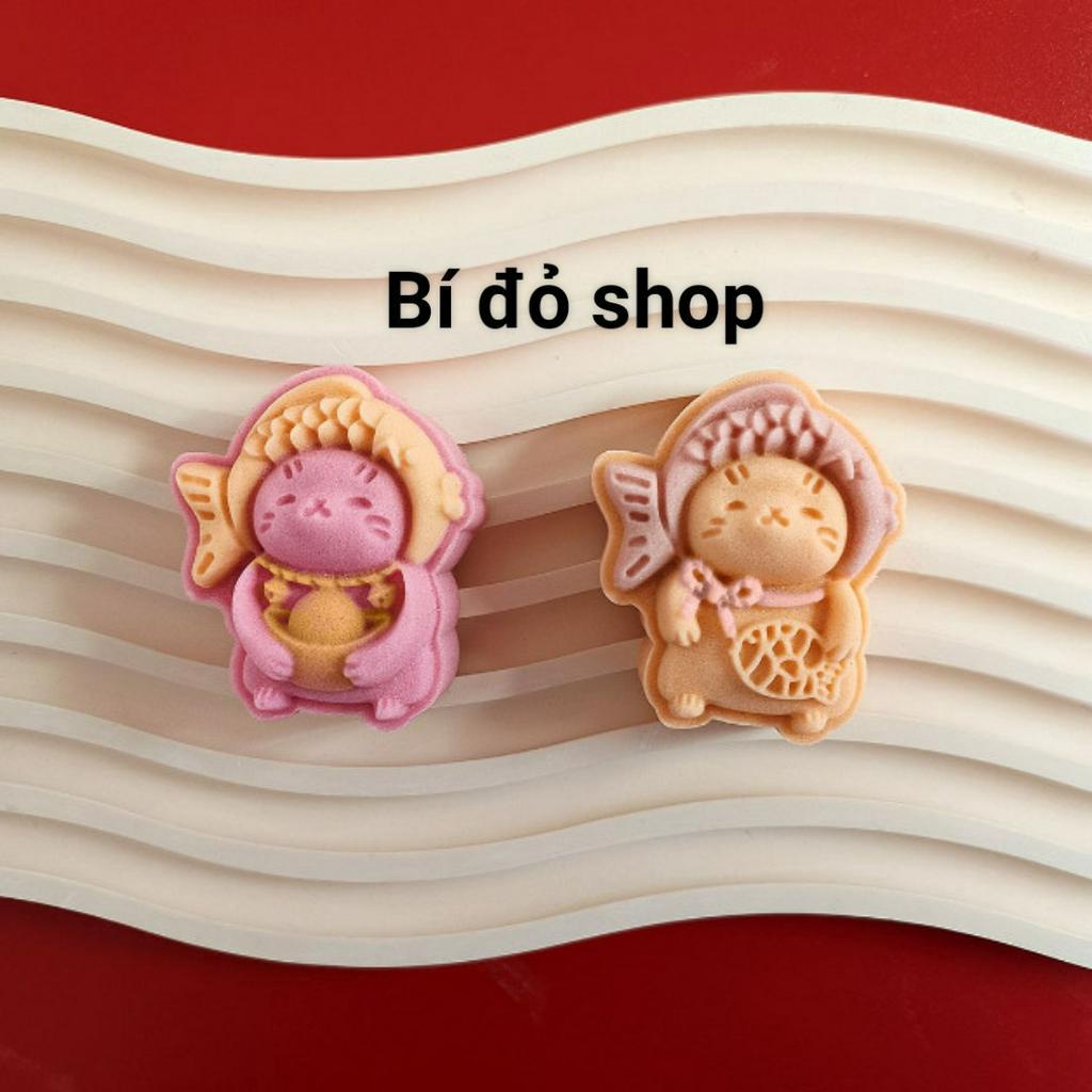 Size 40g 50g - Khuôn trung thu 2022 lò xo MÈO ĐỘI MŨ CÁ 2 mặt 1 nhấn