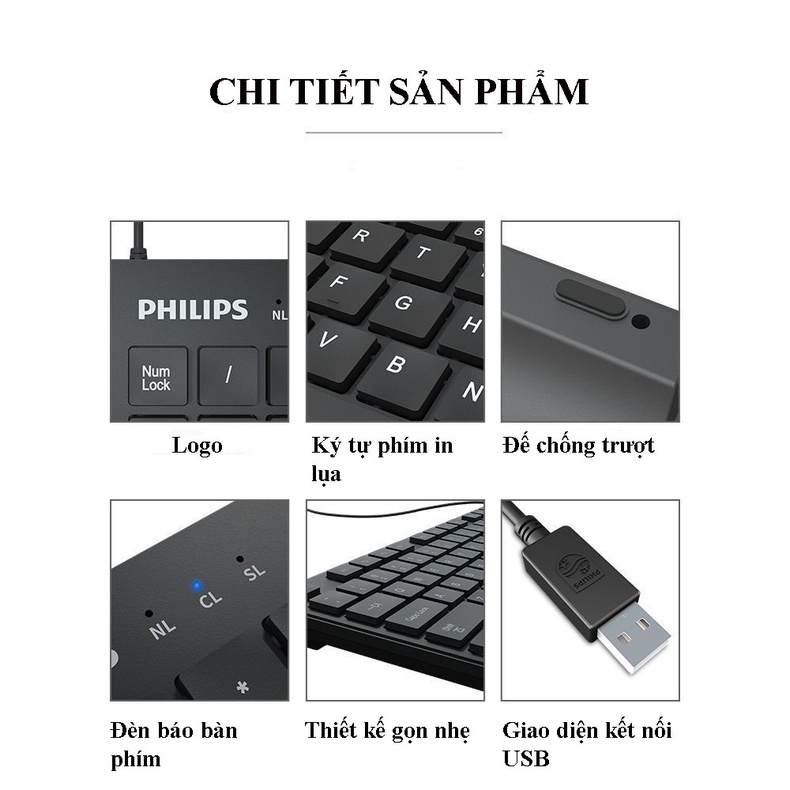Bàn phím máy tính có dây PHILIPS SPK6302 bàn phím chống thấm nước phù hợp sử dụng văn phòng học tập, giải trí
