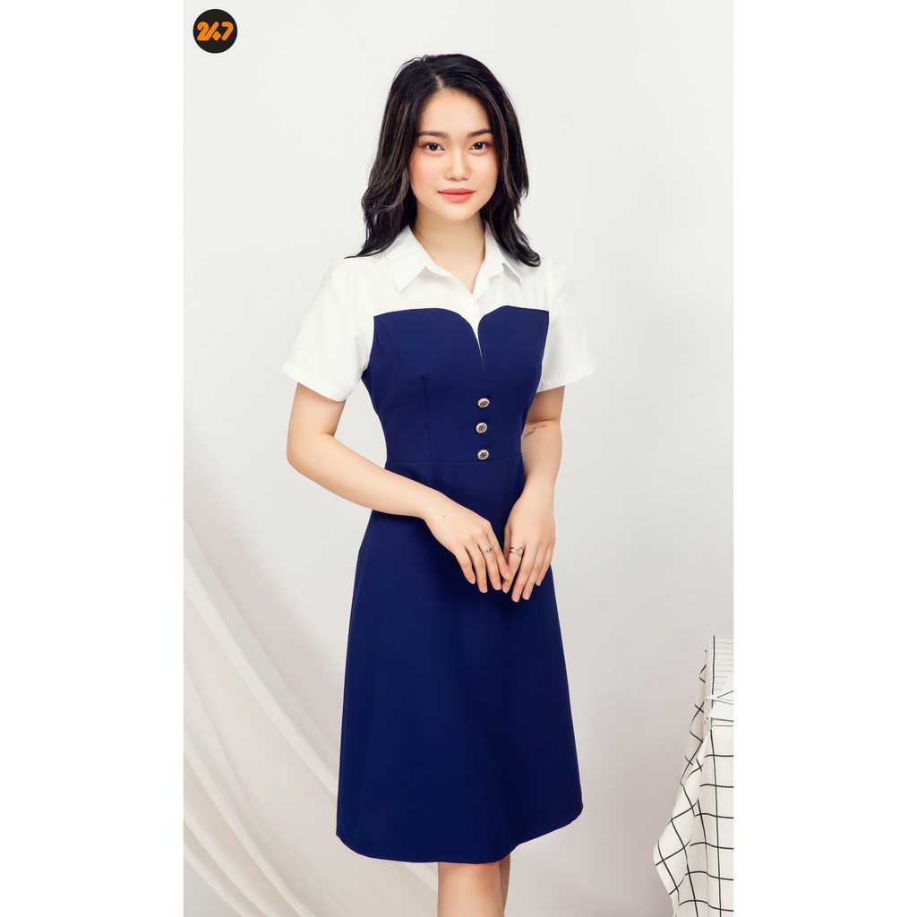 [Mã SKAMSALEP6 giảm 10% tối đa 100K đơn 150K] Đầm nữ công sở xòe kiểu dáng phối màu cổ sơ mi thanh lịch | BigBuy360 - bigbuy360.vn