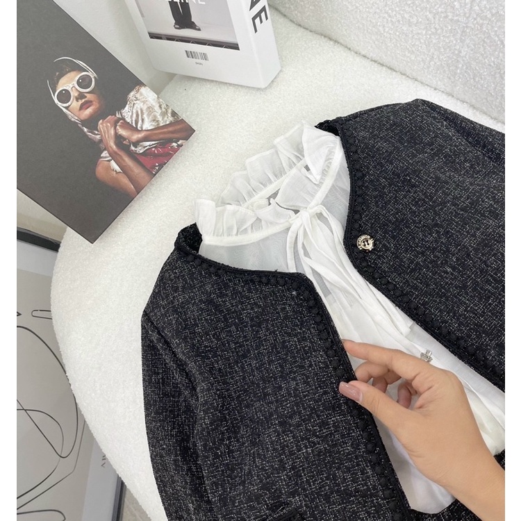 SET BỐ 3 MÓN DẠ: KHOÁC DẠ + SƠ MI TRẮNG CỔ BÈO TAY LOE + CHÂN VÁY 🖤