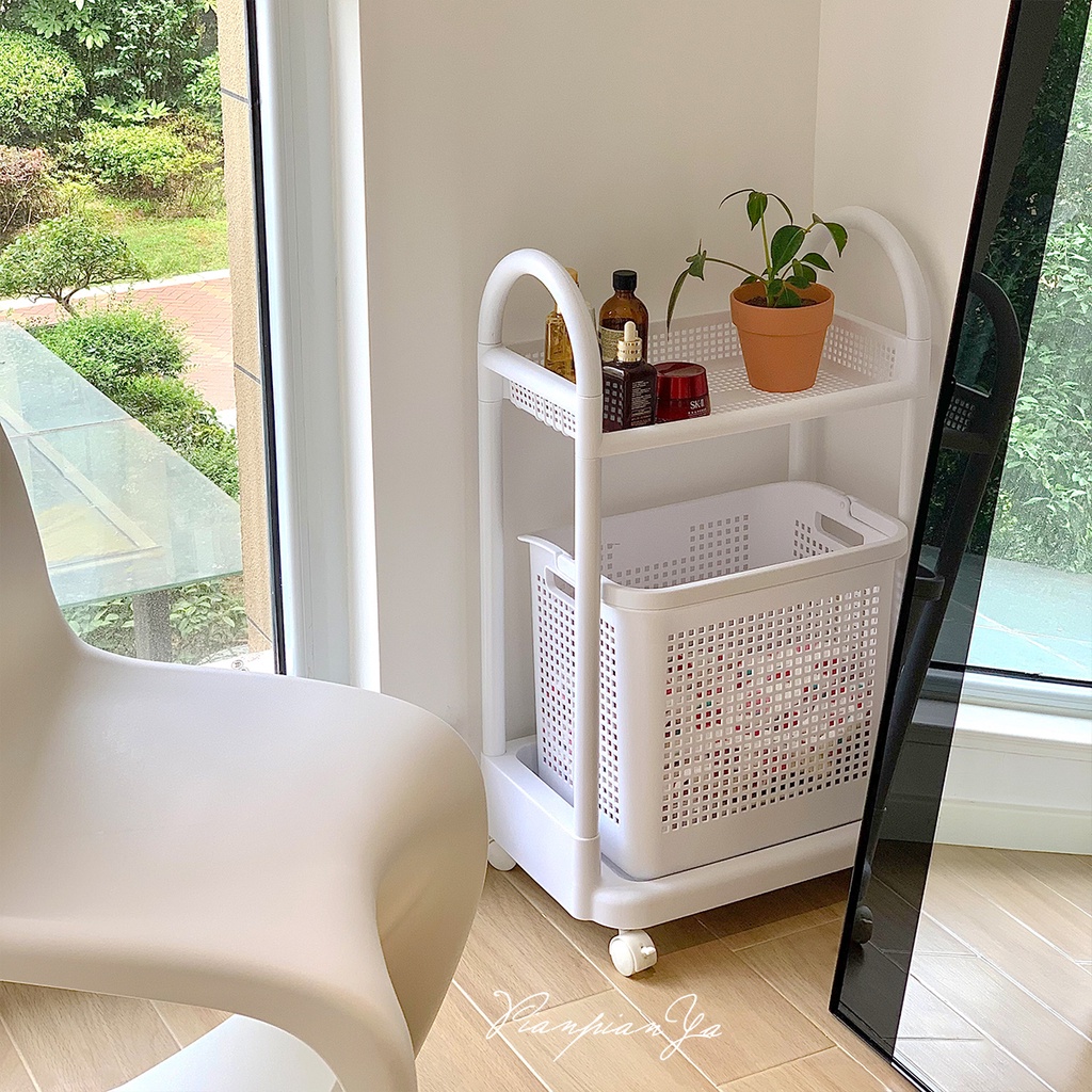 Kệ nhiều tầng có bánh xe tích hợp giỏ đựng đồ, lữu trữ đồ dùng phù hợp cho phòng tắm và phòng ngủ