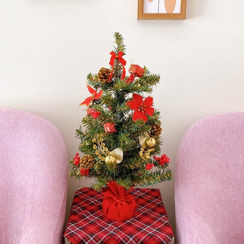 Cây thông noel phối xanh vàng 40cm 50cm mini để bàn sẵn phụ kiện trên cây trang trí giáng sinh