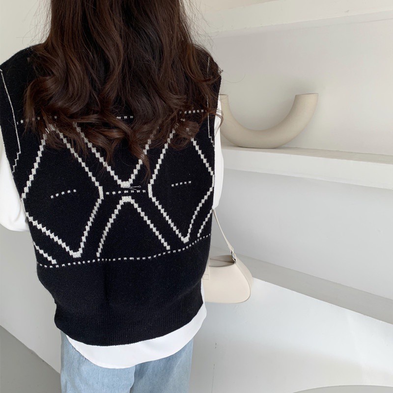 Đen Áo Khoác Len Cardigan Không Tay Đính Khuy Đơn Giản Trẻ Trung Cho Bạn Gái