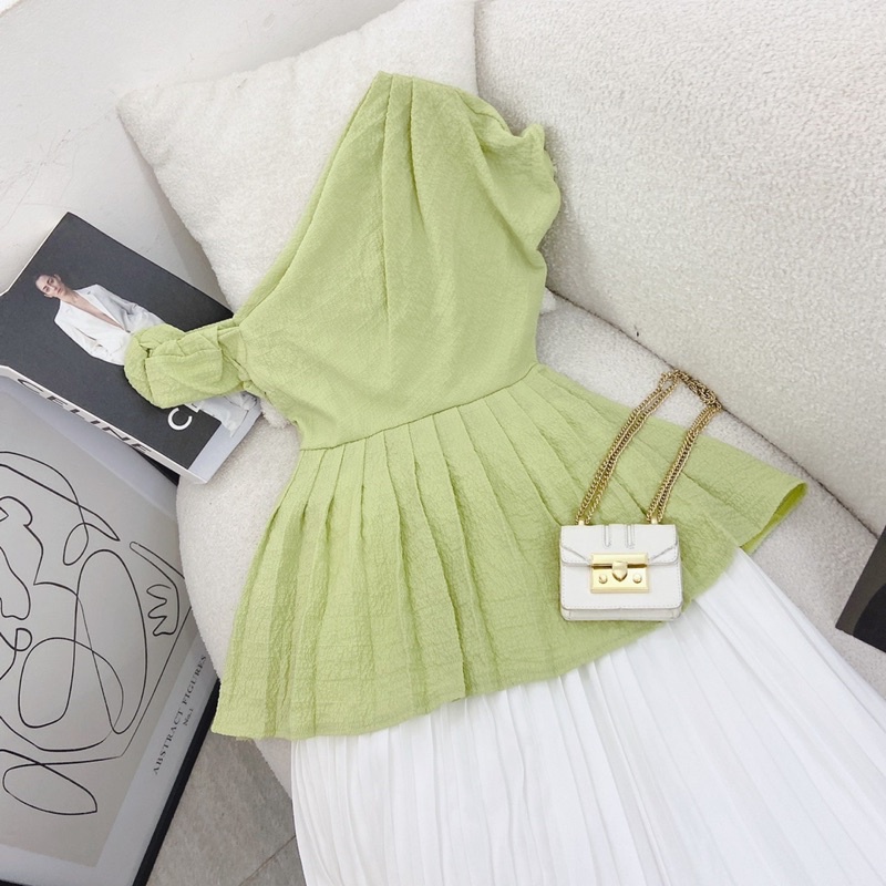 SET ÁO LỆCH VAI PEPLUM XANH + CHÂN VÂY MIDI TRẮNG MS259