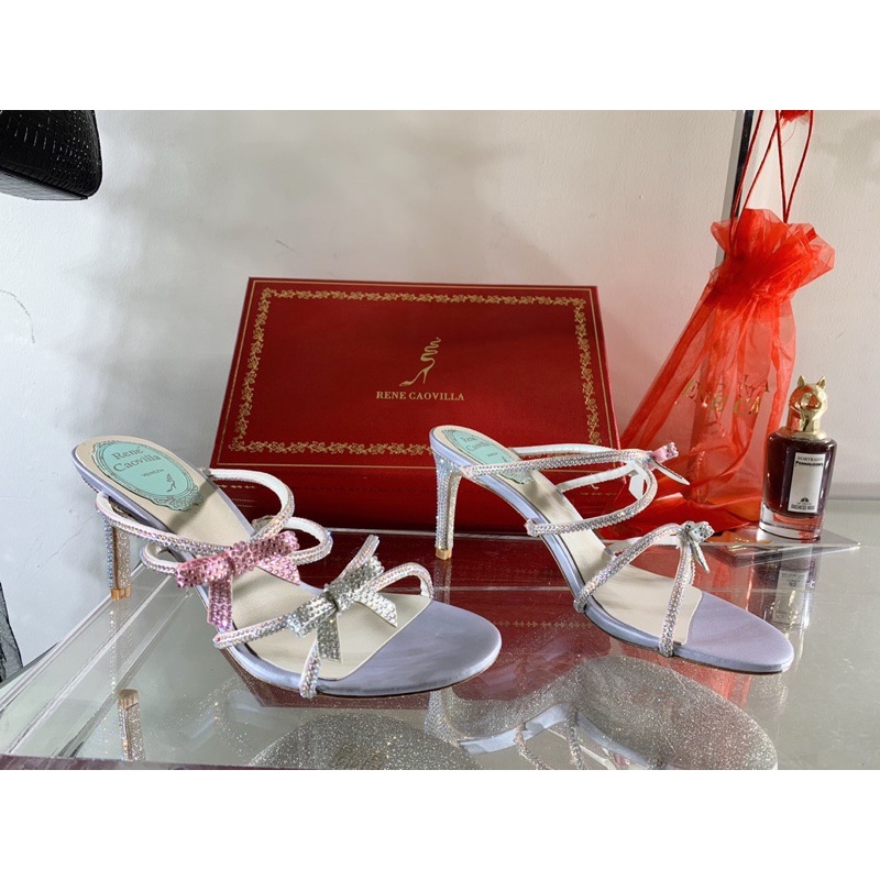 Dép cao gót 4 quai nhỏ đính đá thương hiệu Rene Caovilla da thật cao cấp