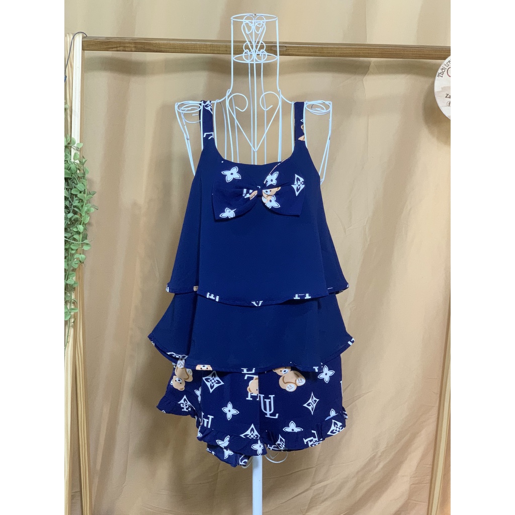 Bộ Pijama Voan Lụa Áo 2 Dây Phối Nơ Quần Đùi Cao Cấp Dáng Rộng 60kg Trở Lại Ulzzang