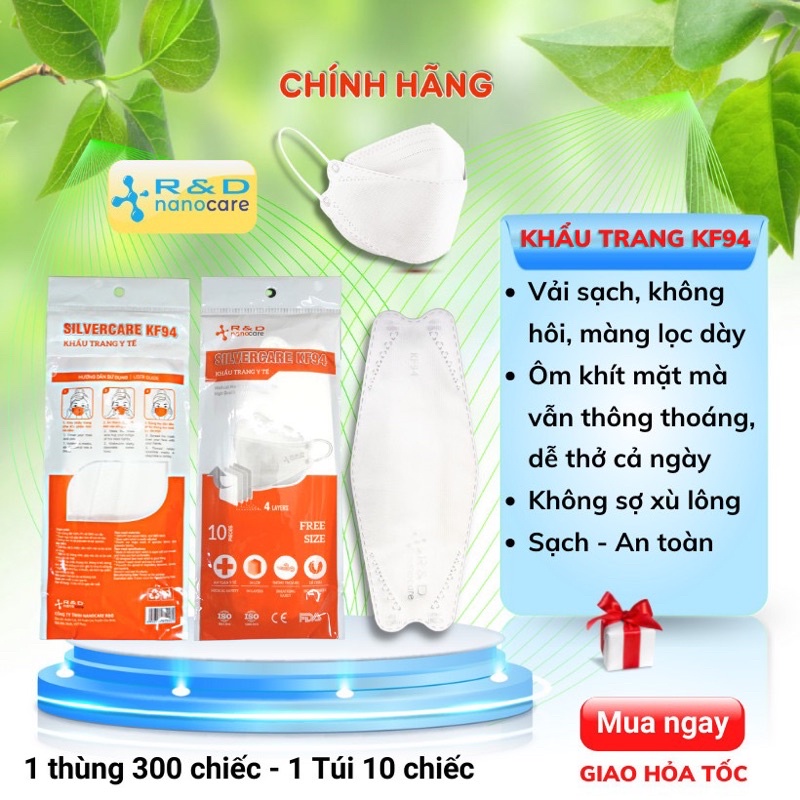 Túi 10 Khẩu Trang Kháng Khuẩn KF94 4D SELVER CARE Quai mềm co giãn Vải sạch hàng chính hãng