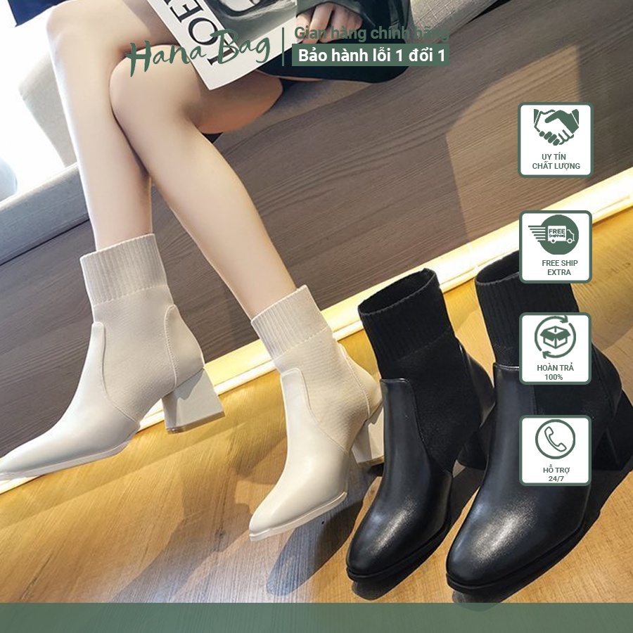 Giày bốt da mũi nhọn Loại 1, gót vuông cổ ngắn cao 5cm có chun trên cổ chân