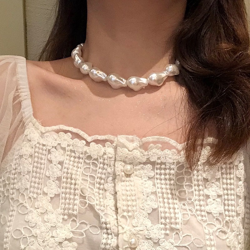 Vòng cổ Mặt Ngọc Trai Không Đối Xứng Phong Cách Retro Ins