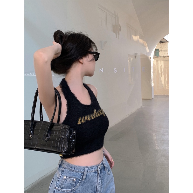 Cocory vn  Áo Croptop Dệt Kim Hai Dây In Chữ Dáng Ôm Gợi Cảm Cho Nữ