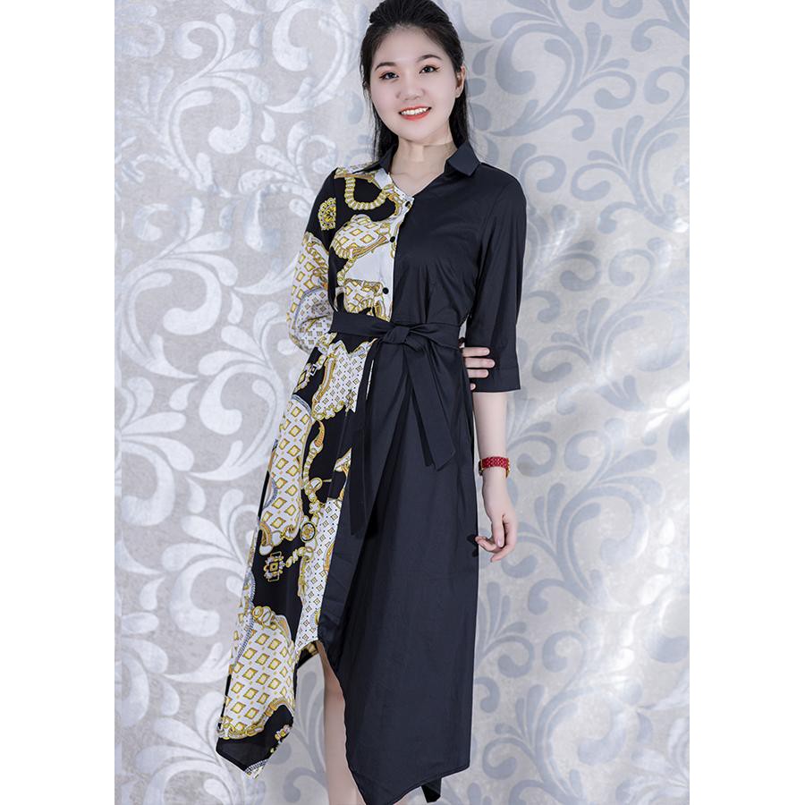 GOTI - Hình Thật - Đầm Suông Công Sở Dáng Sơ Mi Cao Cấp Cột Eo Phối Màu Họa Tiết 3135