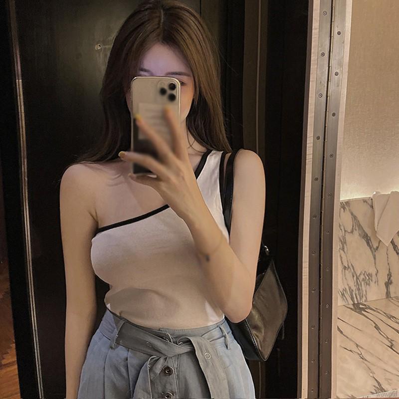 Áo Ống Một Bên Vai Màu Sắc Tương Phản Phong Cách Hàn Quốc Thời Trang Cho Nữ | BigBuy360 - bigbuy360.vn