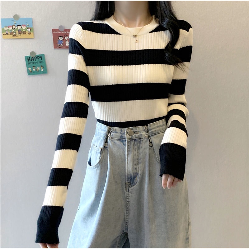 Áo sweater Dệt Kim Tay Dài Dáng Ôm Họa Tiết Kẻ Sọc Phong Cách Hàn Quốc Thời Trang Mùa Thu Cho Nữ NZ-TX-428