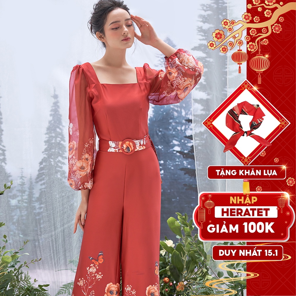 Jumpsuit lụa hoa đỏ cổ vuông tay bồng HeraDG - WJS19011