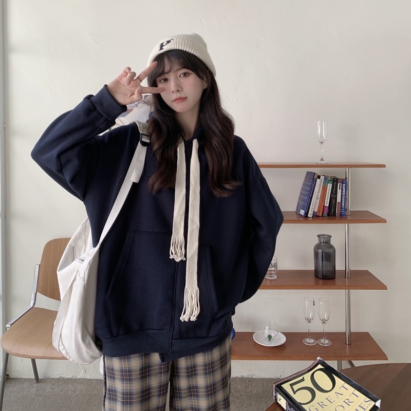 Áo hoodie ZHELIHANGFEI tay dài dáng rộng phong cách đi học dễ phối đồ thời trang