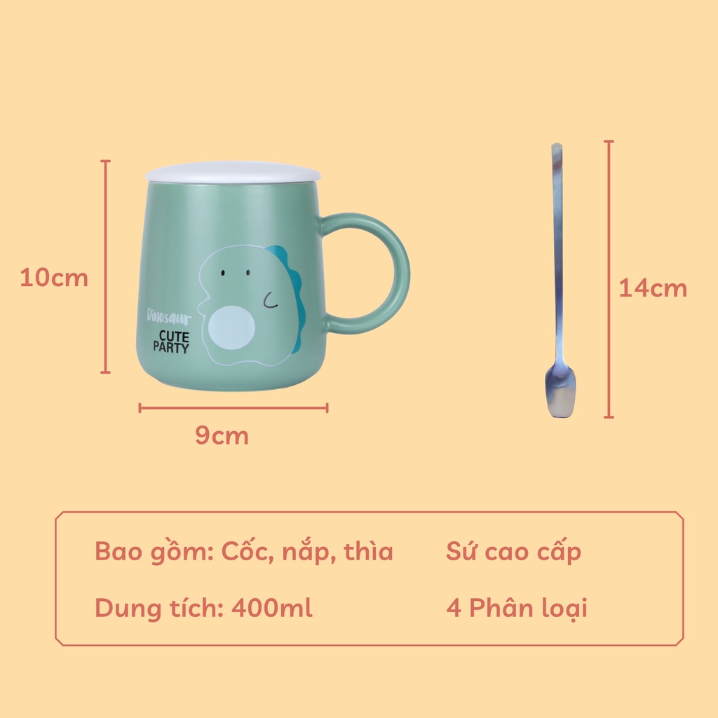 Ly sứ uống nước có nắp đậy 400ml dễ thương, cốc sứ có quai và thìa phù hợp làm quà tặng