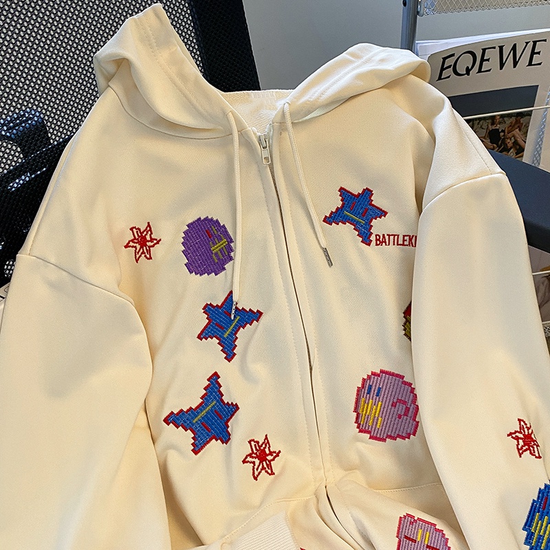 Áo khoác ZHELIHANGFEI có mũ trùm đầu tay dài dáng rộng thêu họa tiết ngọt ngào