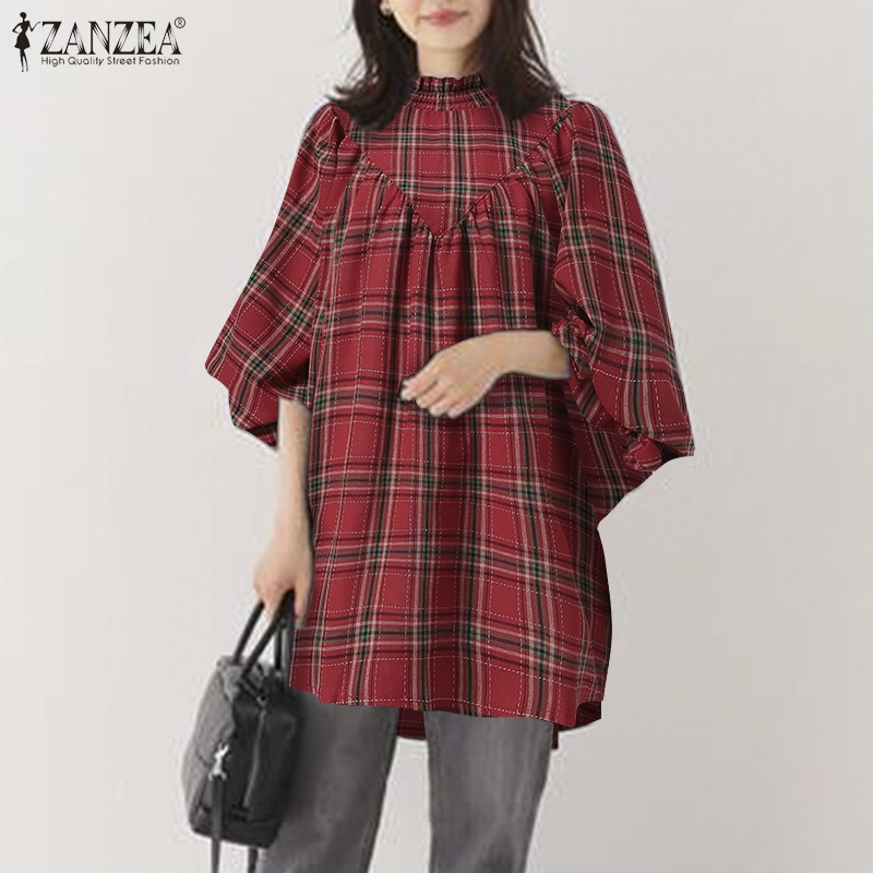 Áo sơ mi Zanzea tay dài dáng rộng cài nút họa tiết kẻ ô dành cho nữ