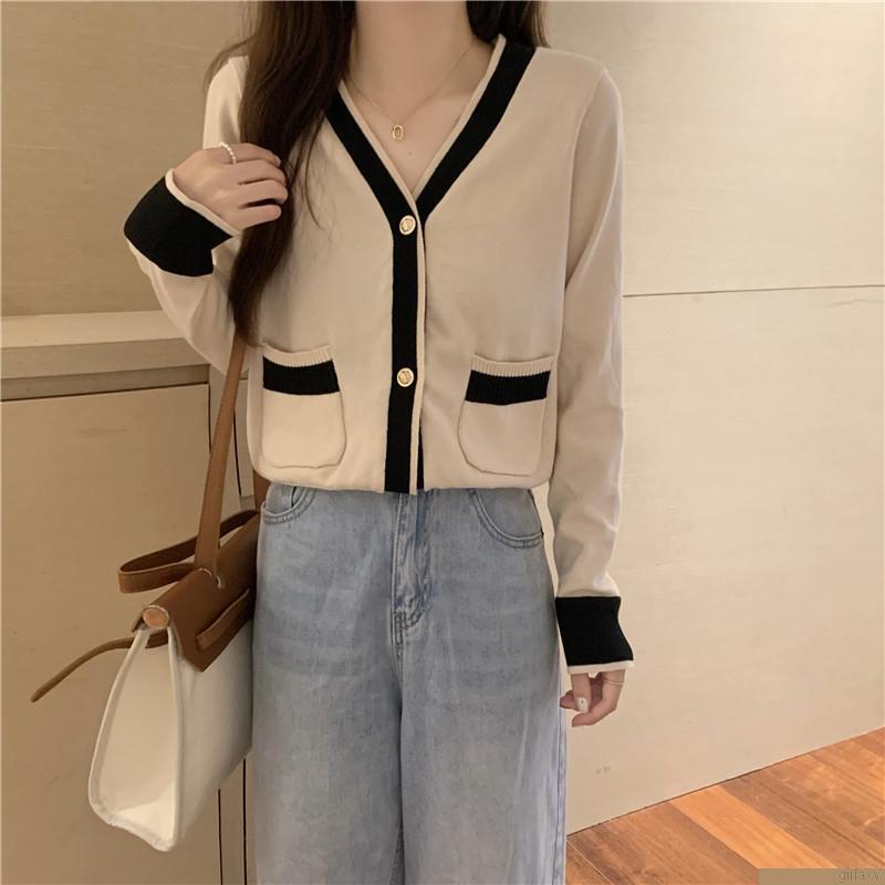 Áo khoác cardigan tay dài cổ chữ V màu sắc thời trang cho nữ