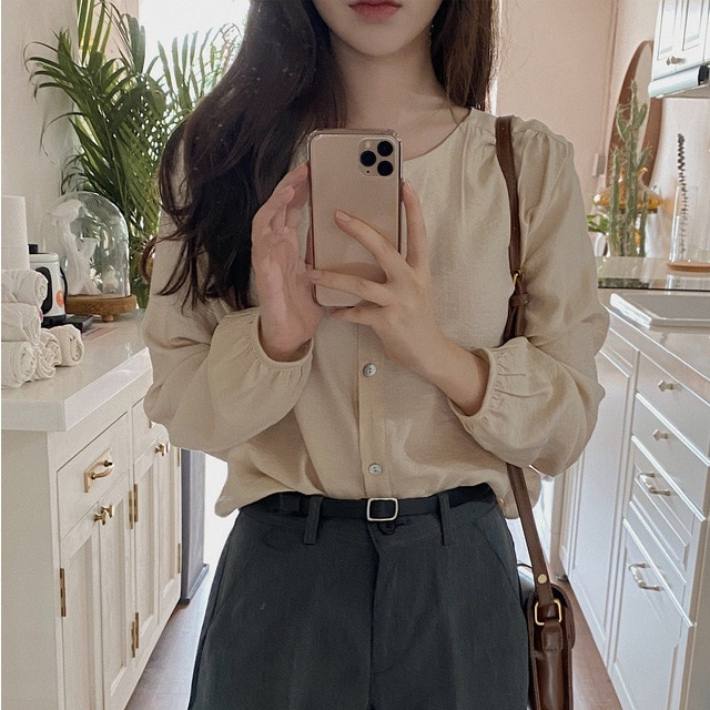 SUXI Áo Sơ Mi Tay Dài Cổ Tròn Màu Sắc Đơn Giản Dễ Phối Đồ Cho Nữ