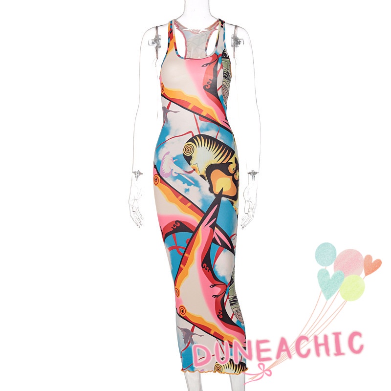 DUNEA Đầm Tank Top Hở Lưng In Họa Tiết Thời Trang Cho Nữ