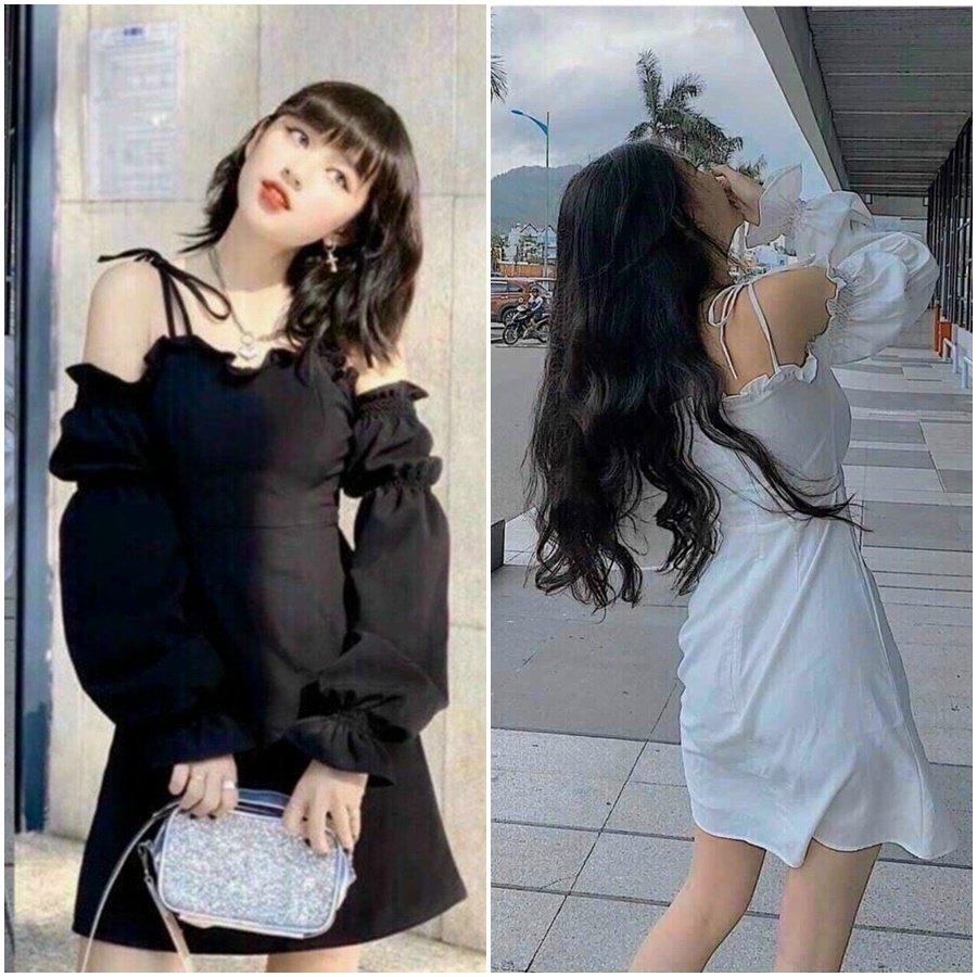 Đầm trễ vai tay nhún cột nơ vai (có sẵn mút) 2 màu đen và trắng