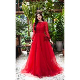 BỐNG MAXI SHOP - DC774 - Đầm Cưới Xốp Trắng/ Đỏ Cổ V Đắp 3D