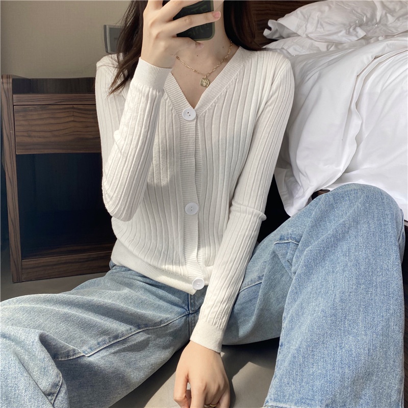 Áo len gân FUHO Fashion áo len basic cổ V dài tay khuy cài dày dặn 031