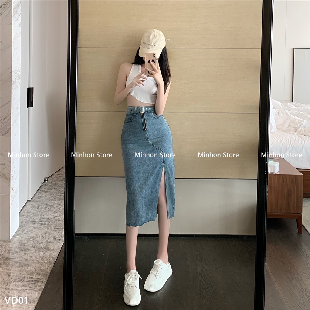 [Sẵn + Đai] Đầm Bò, Chân Váy Bò Dài Xẻ Tà Kèm Đai Nổi Bật, Trẻ Trung, Trendy (Minhon Store VD01) | BigBuy360 - bigbuy360.vn